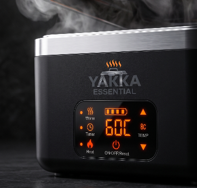 Black YAKKA ESSENTIAL portable steam kettle with a digital control panel showing 60C, photographed on a dark surface with steam rising from the top.